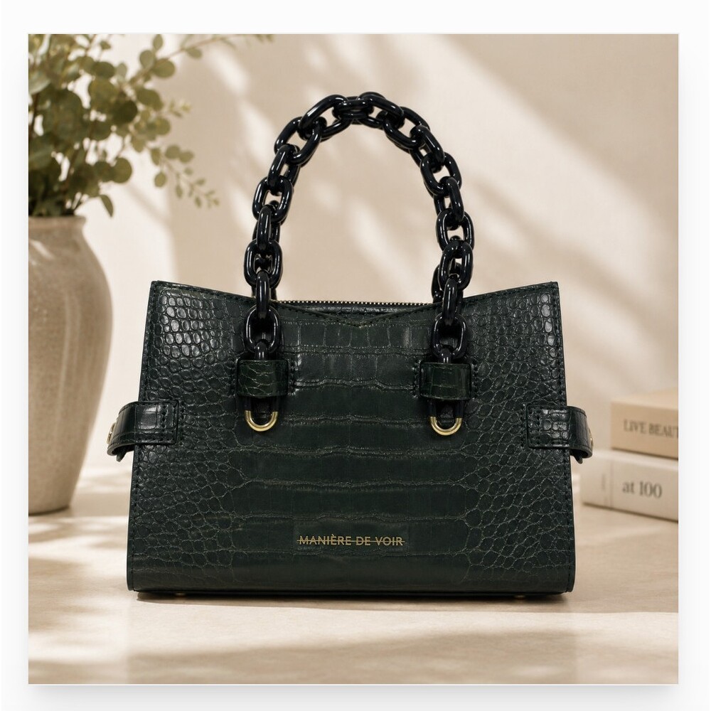 Manière De Voir Chain Top Handle Bag Womens Small Green Croc Faux Leather Purse